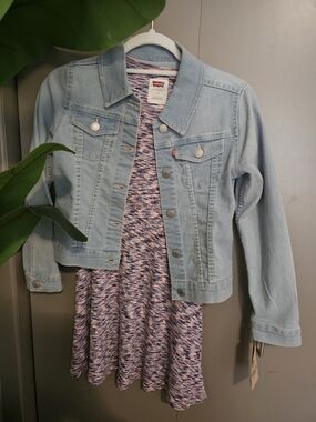 Levi's Light Wash Denim Jacket with Blue-Pink Knit Dress